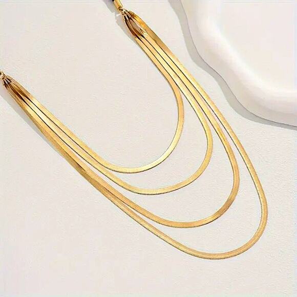 Multilayer Gold Plated Herringbone Flat Snake Necklace - Picture 3 of 5